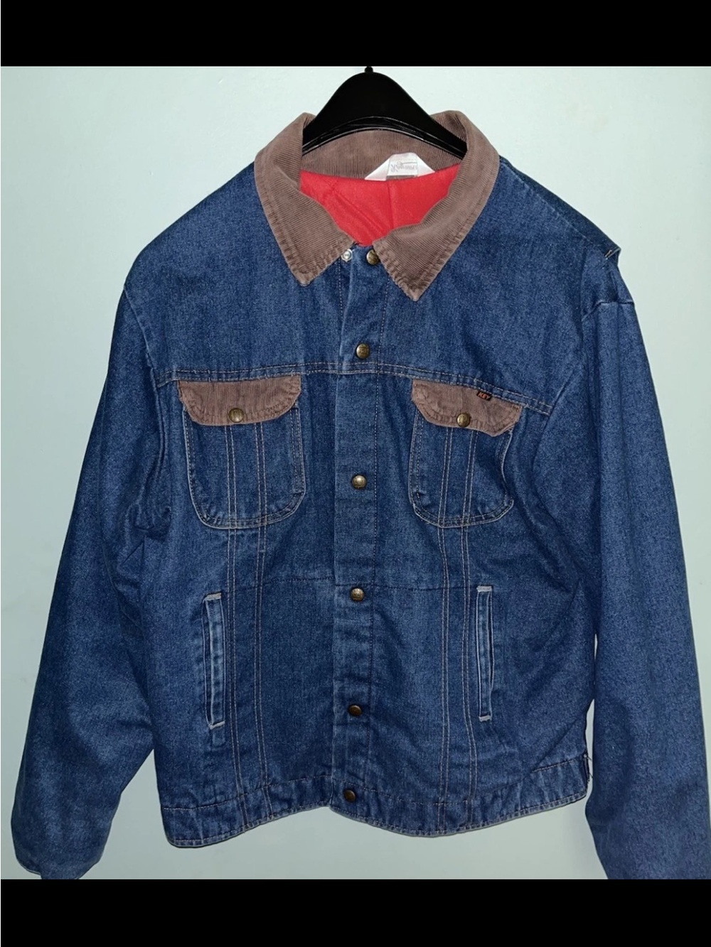 70’s Vintage Key Imperial Denim Jacket Men’s 44 Large Corduroy Collar Red Liner